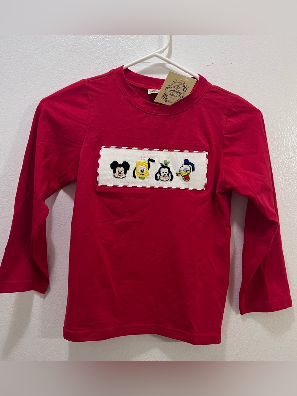 Mickey, Pluto, Goofy Appliqué Red Long sleeve Child T-shirt Size 6 Unisex NWT